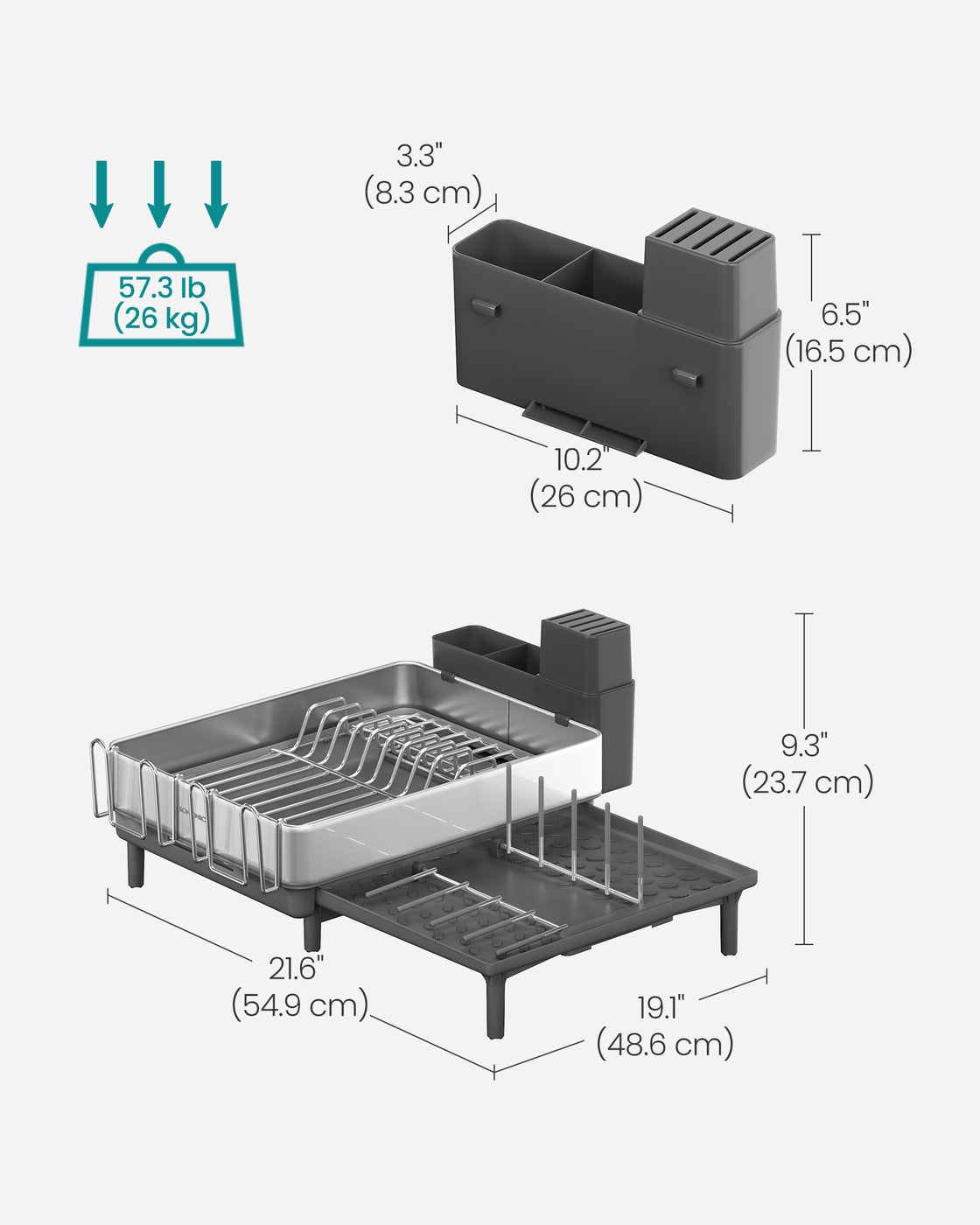 Dish Drainer Rack - Stainless Steel - Silver and Slate Grey - Expandable with Rotatable Spout