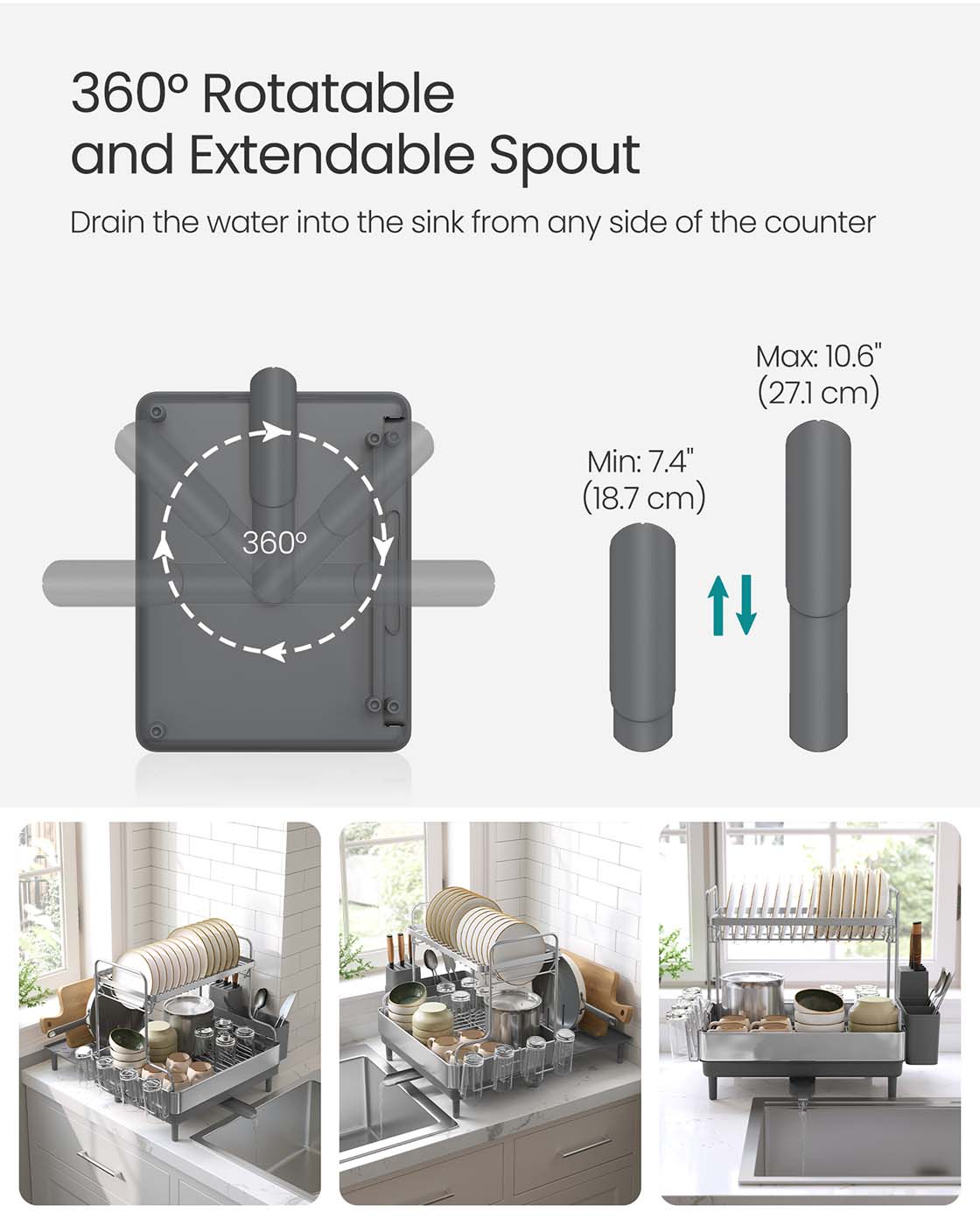 Dish Drainer Rack - Stainless Steel - Silver and Grey - Expandable with Rotatable Spout