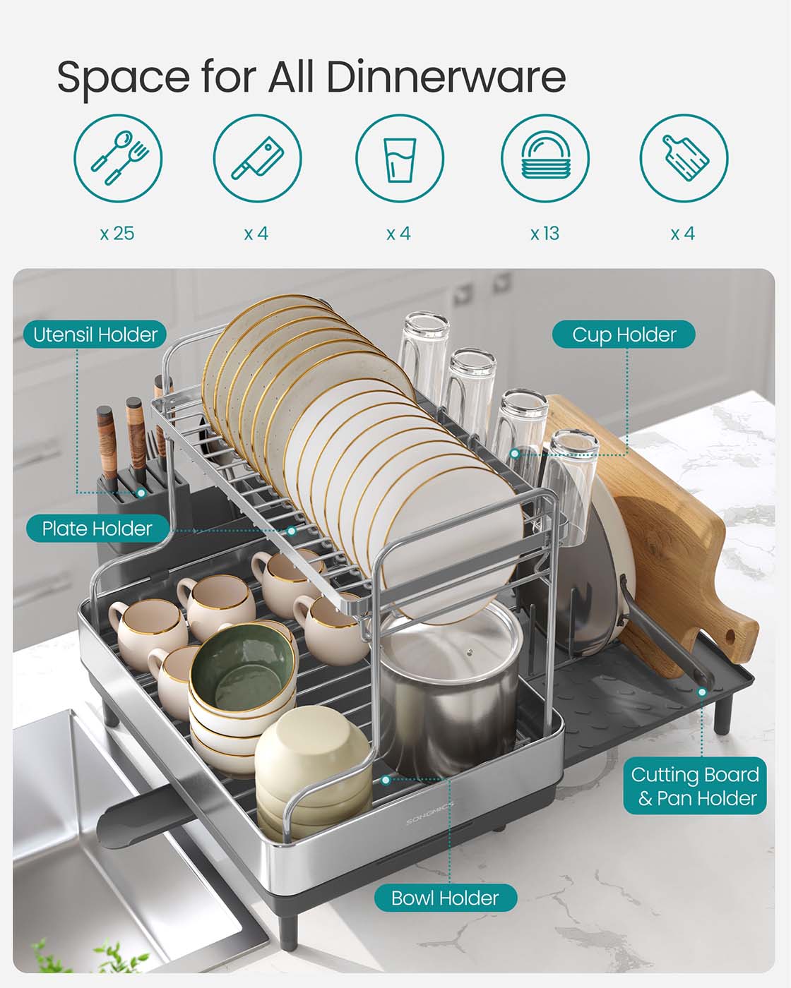 Dish Drainer Rack - Stainless Steel - Silver and Grey - Expandable with Rotatable Spout