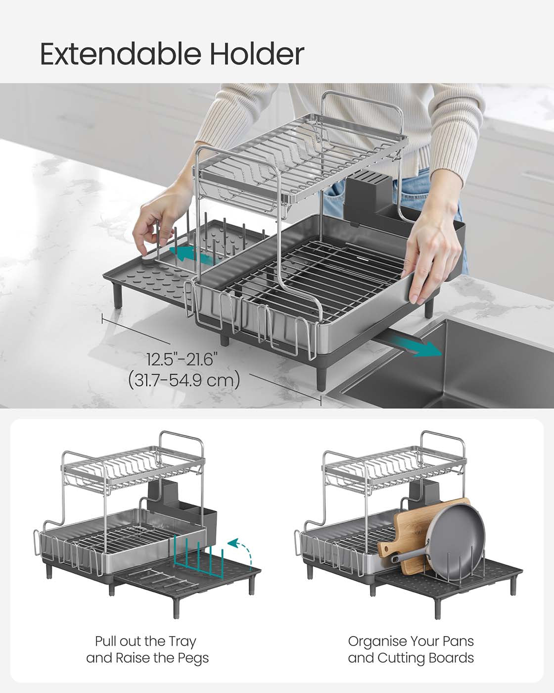 Dish Drainer Rack - Stainless Steel - Silver and Grey - Expandable with Rotatable Spout