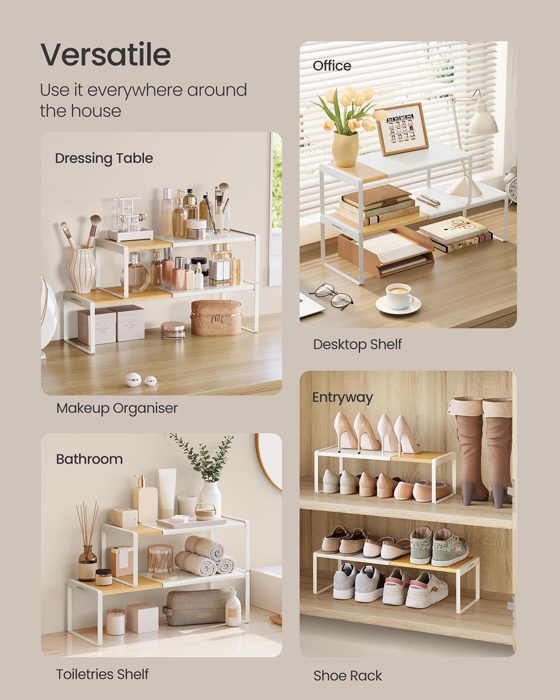 Spice Rack Set - Light Bamboo - Extendable Kitchen Organiser Shelves