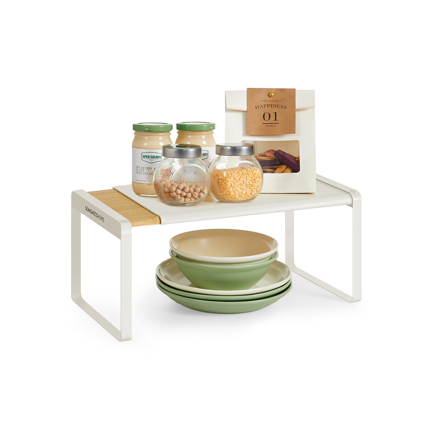 Extendable Kitchen Organiser Shelf - Bamboo - Cream White - Stackable Storage Solution