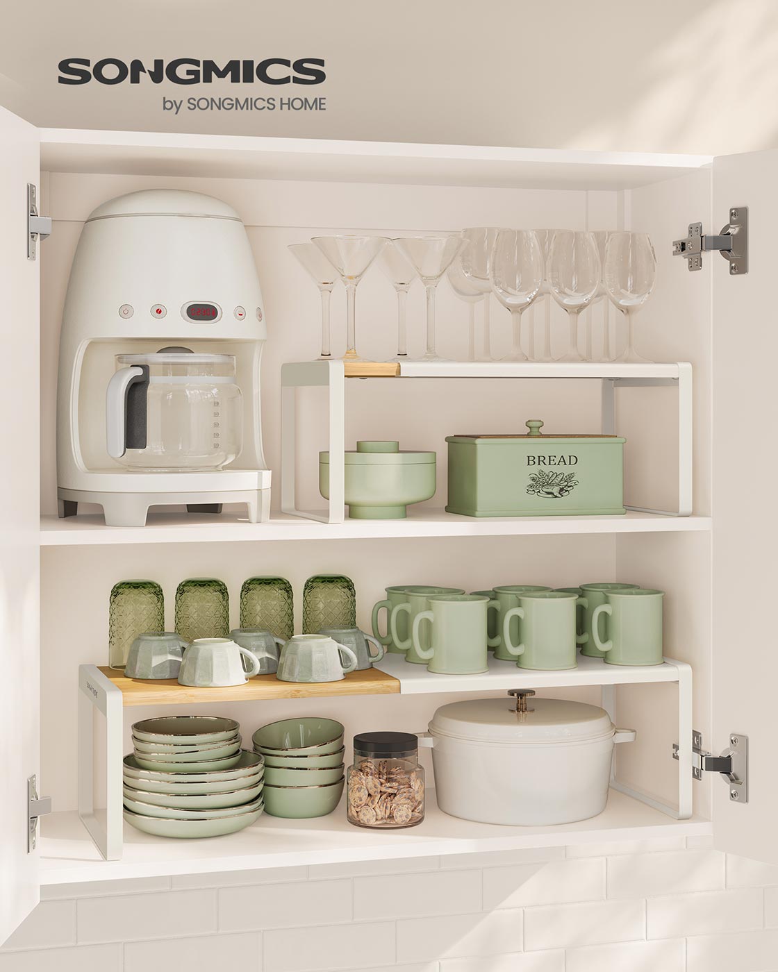 Extendable Kitchen Organiser Shelf - Bamboo - Cream White - Stackable Storage Solution