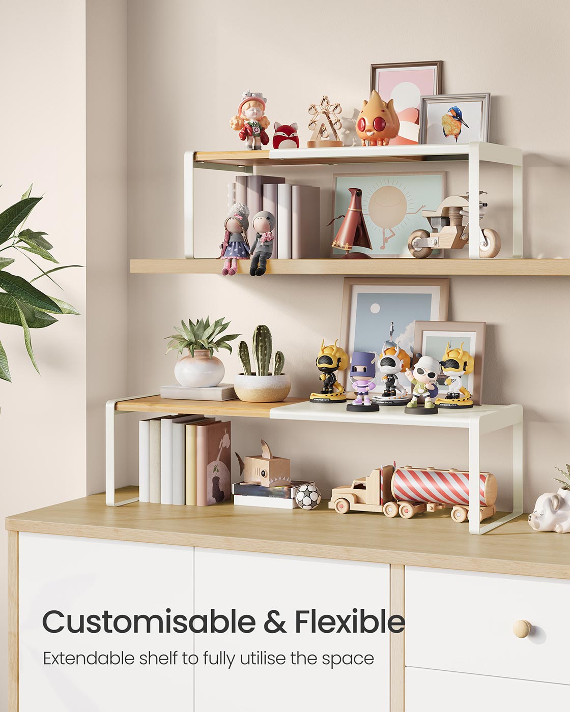 Extendable Kitchen Organiser Shelf - Bamboo - Cream White - Stackable Storage Solution