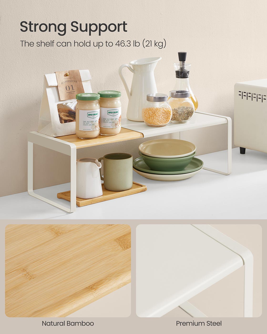 Extendable Kitchen Organiser Shelf - Bamboo - Cream White - Stackable Storage Solution