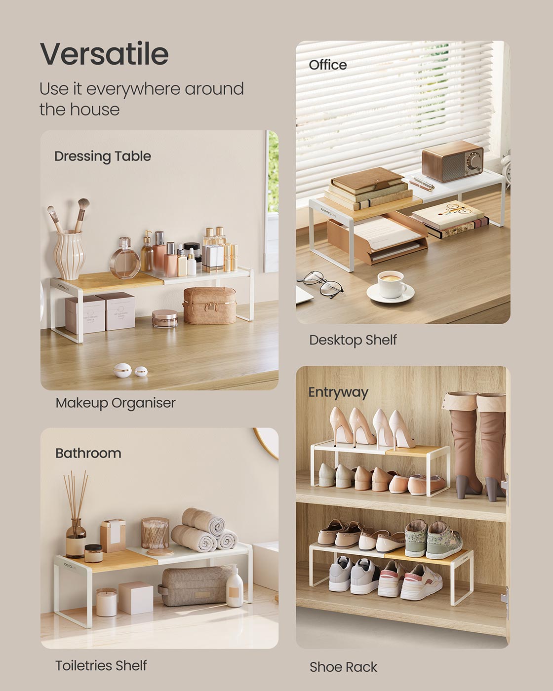 Extendable Kitchen Organiser Shelf - Bamboo - Cream White - Stackable Storage Solution
