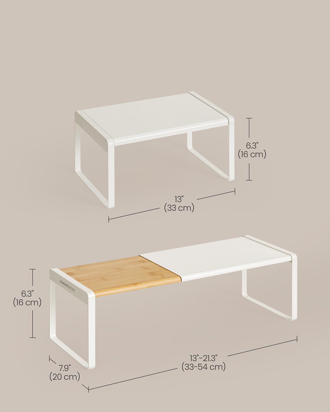 Extendable Kitchen Organiser Shelf - Bamboo - Cream White - Stackable Storage Solution