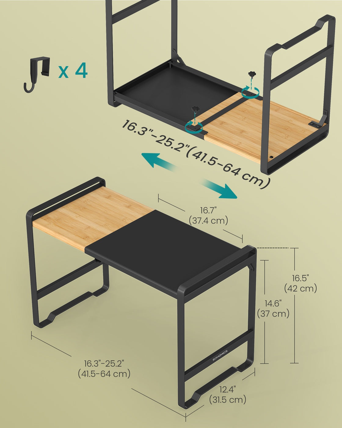 Expandable Microwave Shelf - 4 Hooks - Steel - Adjustable Width
