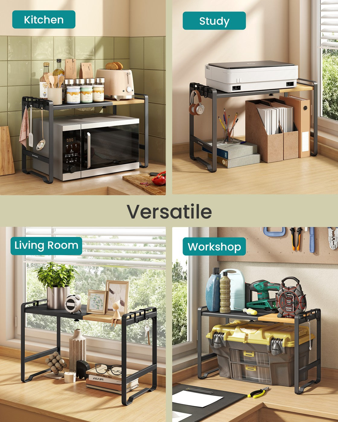 Expandable Microwave Shelf - 4 Hooks - Steel - Adjustable Width