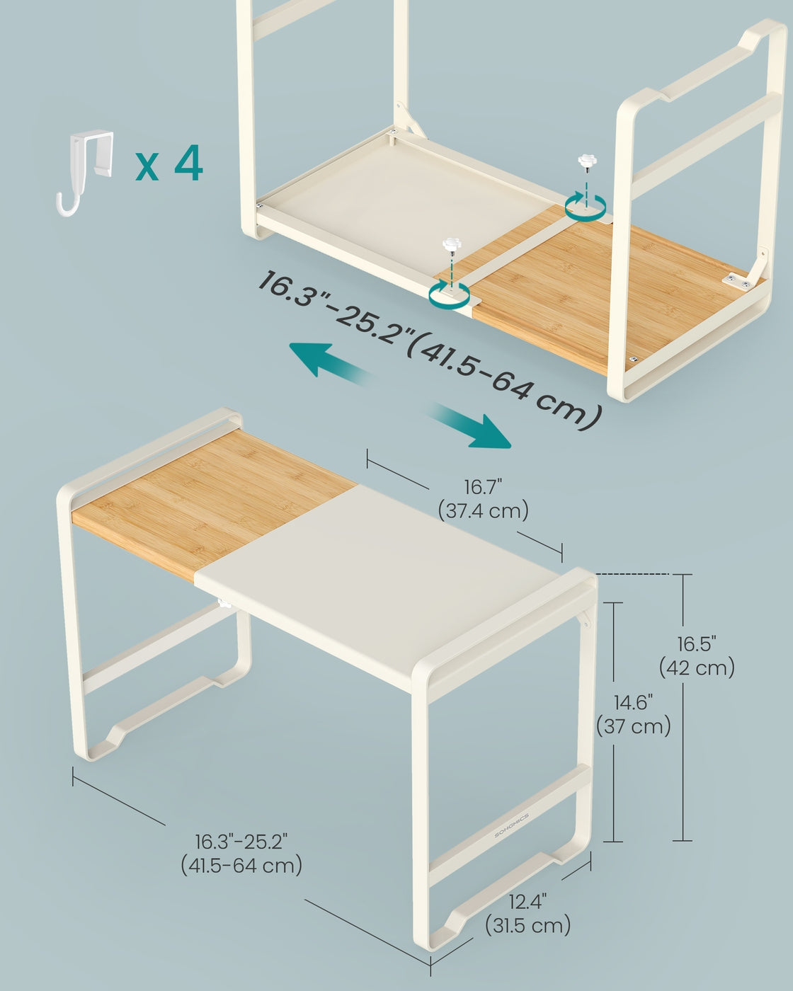 Expandable Microwave Shelf - 4 Hooks - Steel - Adjustable Width