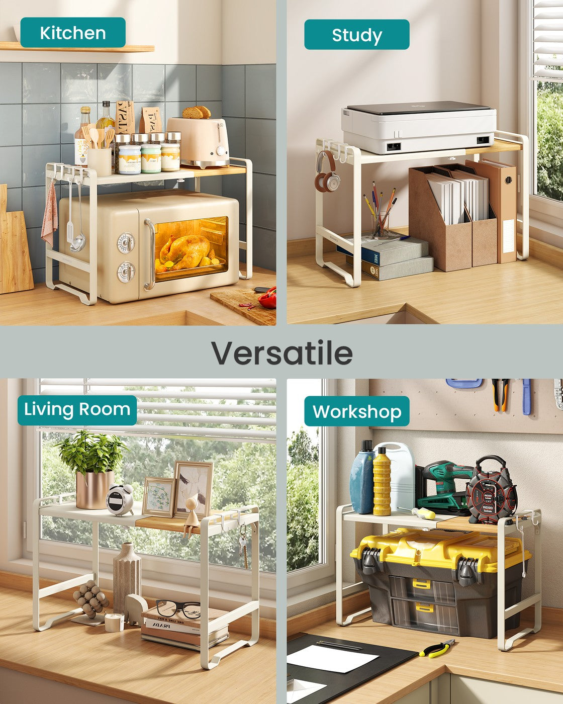 Expandable Microwave Shelf - 4 Hooks - Steel - Adjustable Width