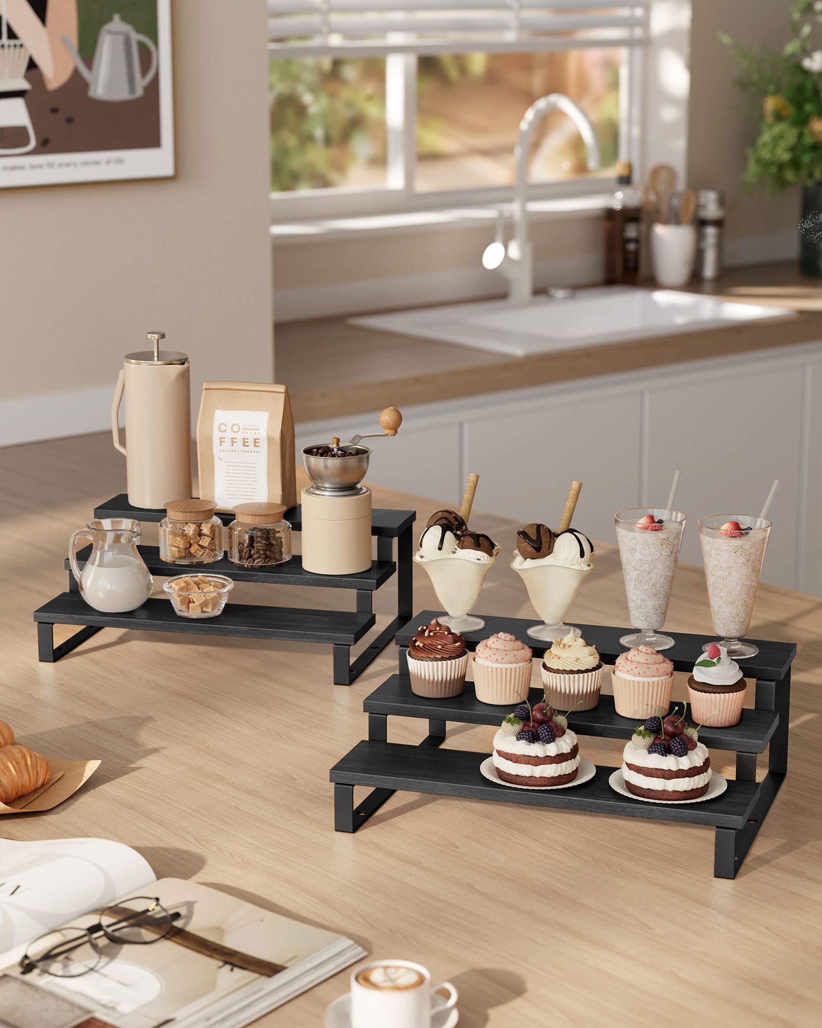 3-Tier Extendable Cabinet Shelf Organisers - Stackable Set of 2 - Engineered Wood - Black