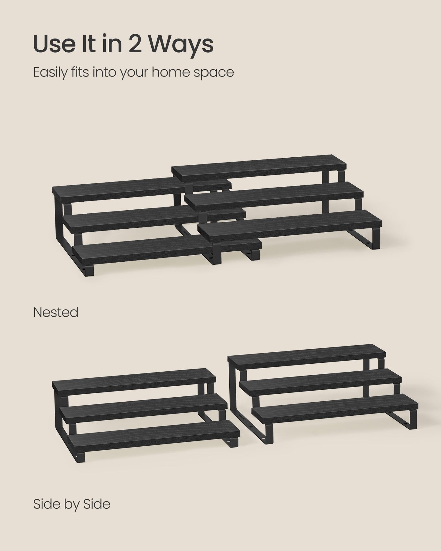 3-Tier Extendable Cabinet Shelf Organisers - Stackable Set of 2 - Engineered Wood - Black