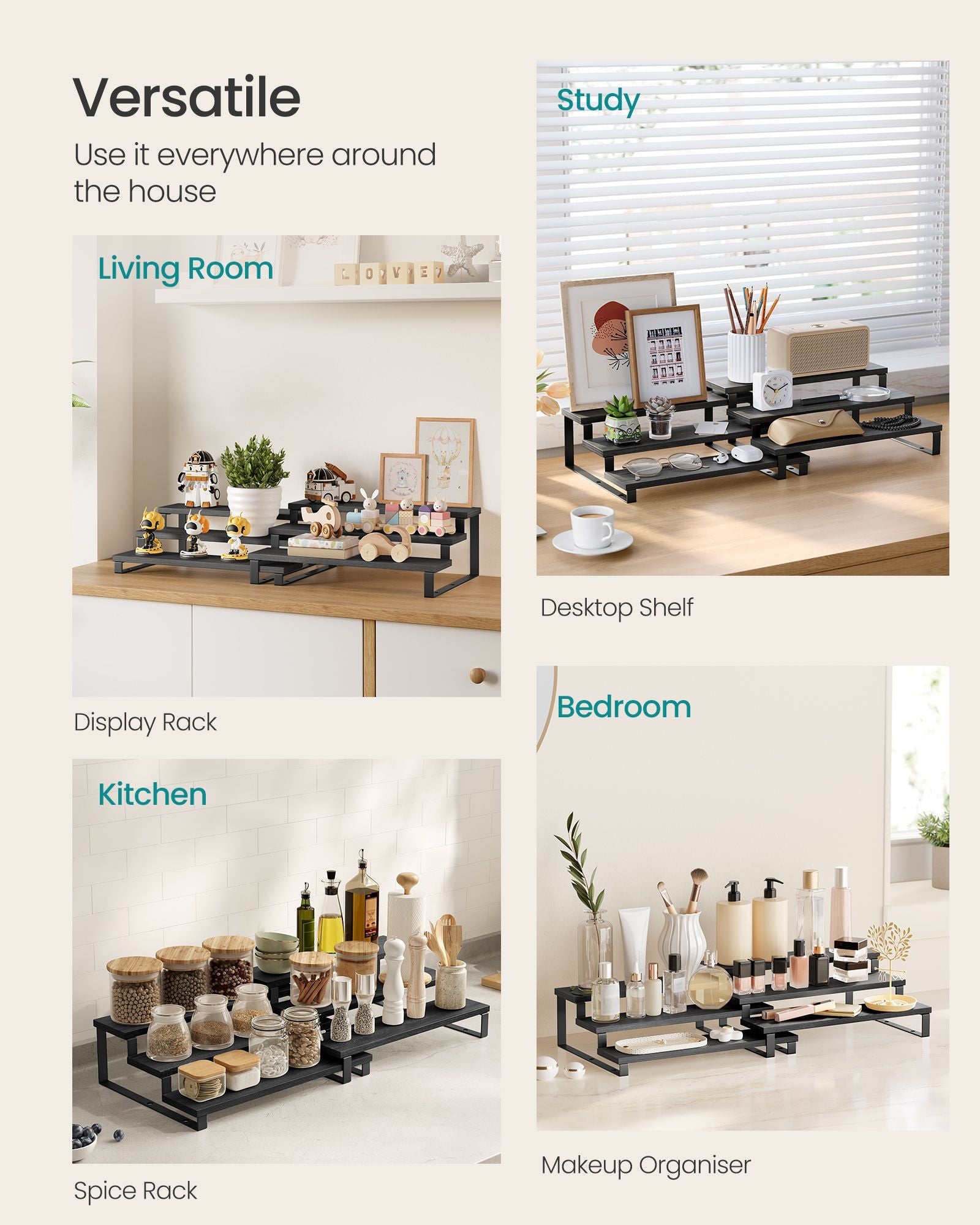 3-Tier Extendable Cabinet Shelf Organisers - Stackable Set of 2 - Engineered Wood - Black