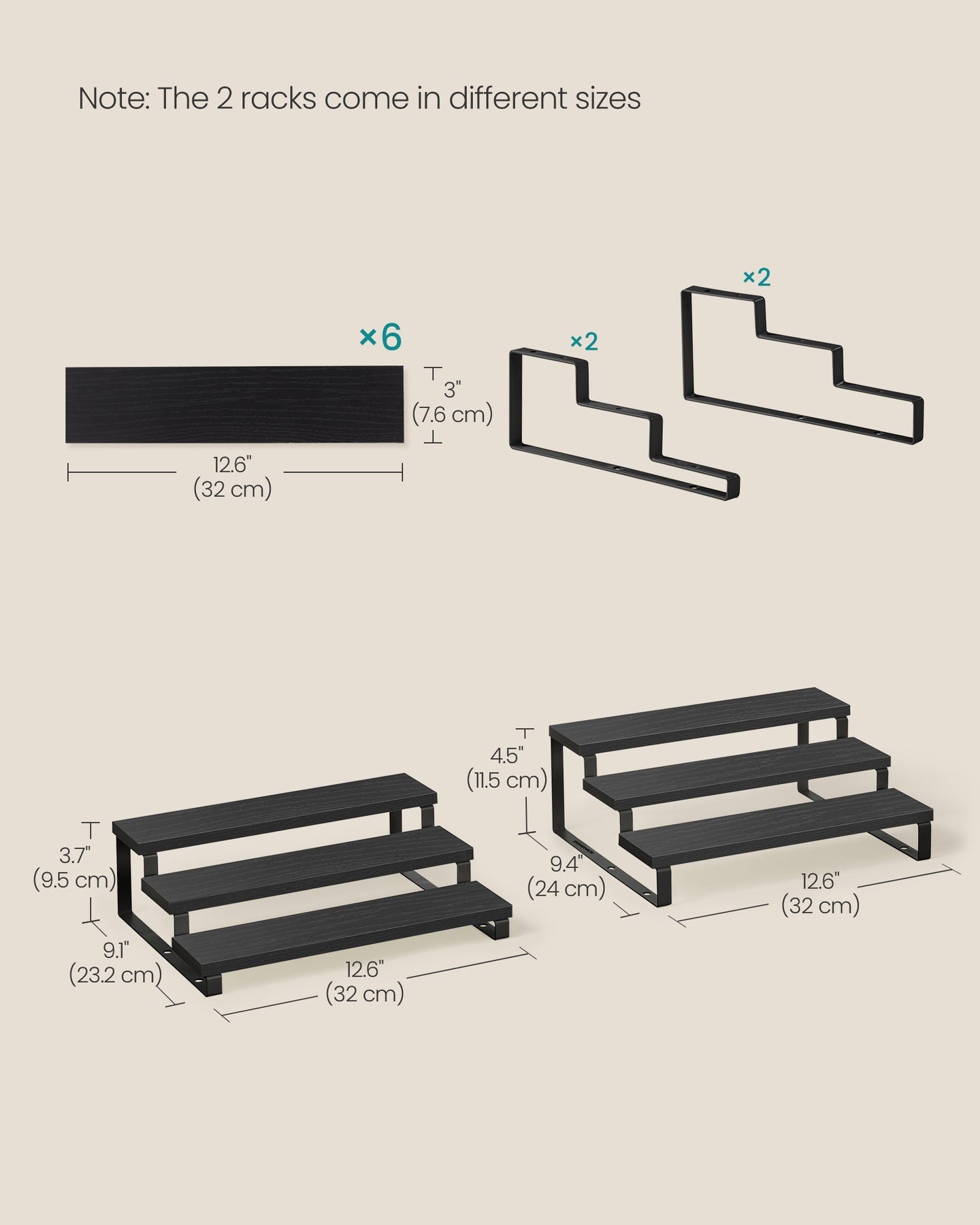 3-Tier Extendable Cabinet Shelf Organisers - Stackable Set of 2 - Engineered Wood - Black