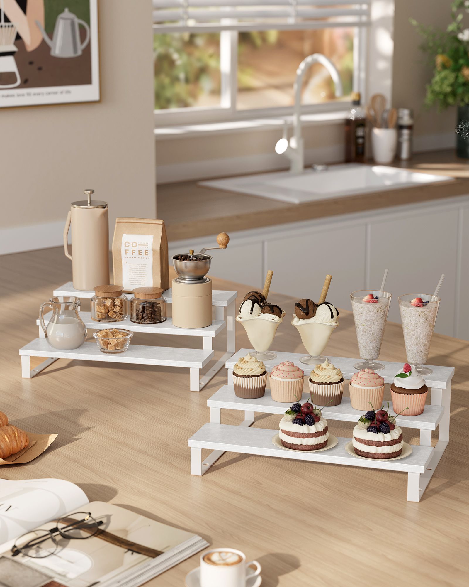 3-Tier Extendable Cabinet Shelf Organisers - Stackable Set of 2 - Engineered Wood - Snow White