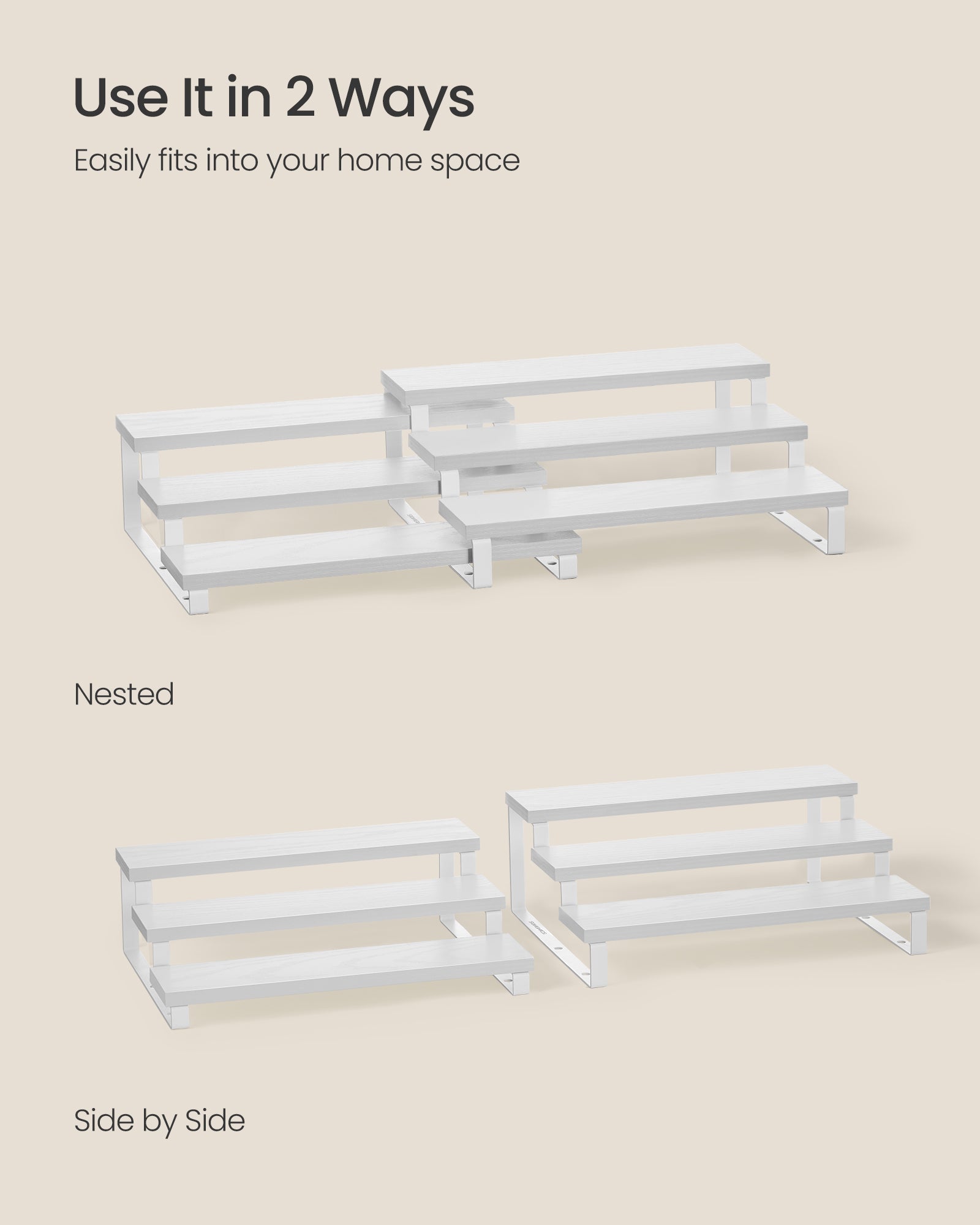3-Tier Extendable Cabinet Shelf Organisers - Stackable Set of 2 - Engineered Wood - Snow White