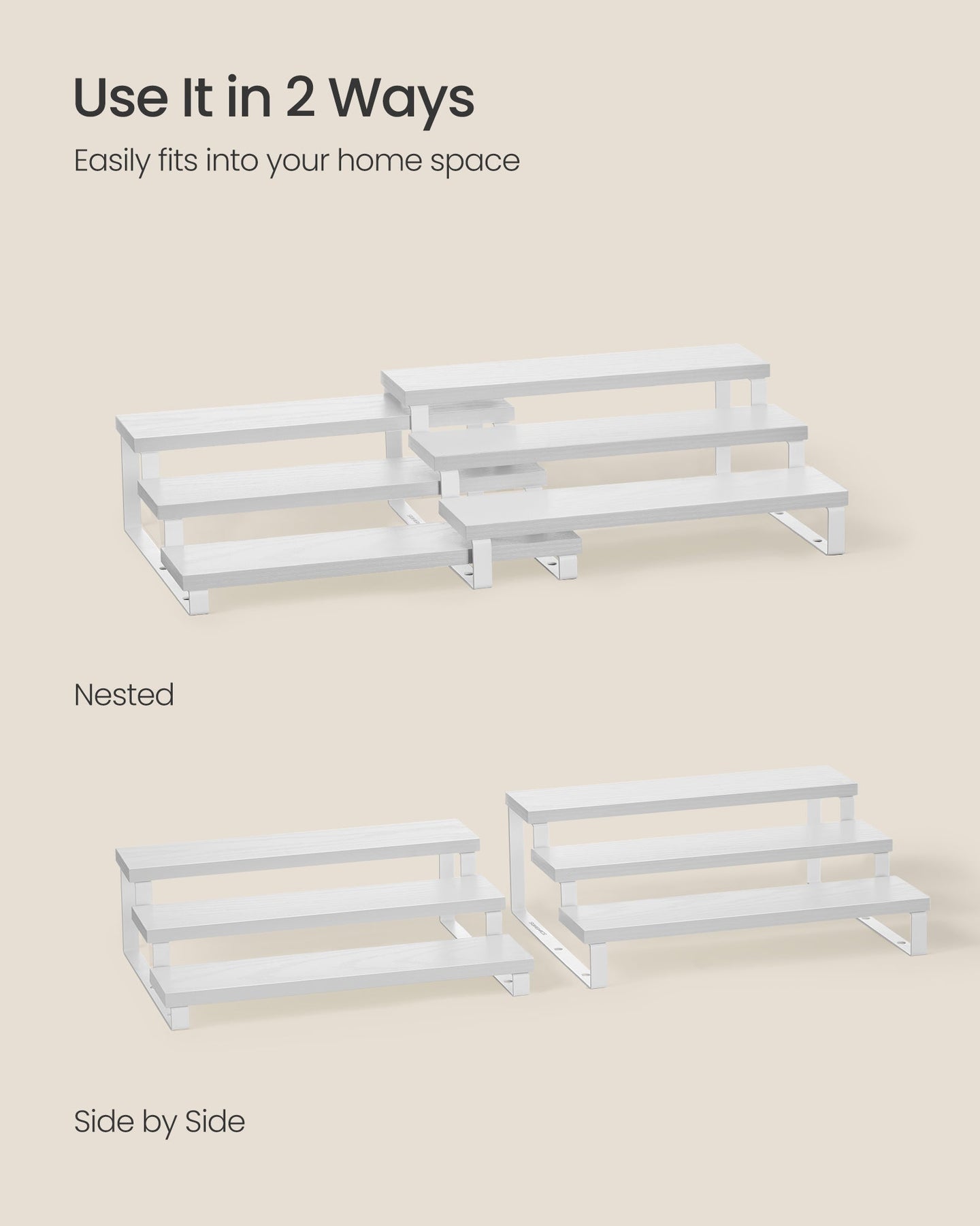 3-Tier Extendable Cabinet Shelf Organisers - Stackable Set of 2 - Engineered Wood - Snow White