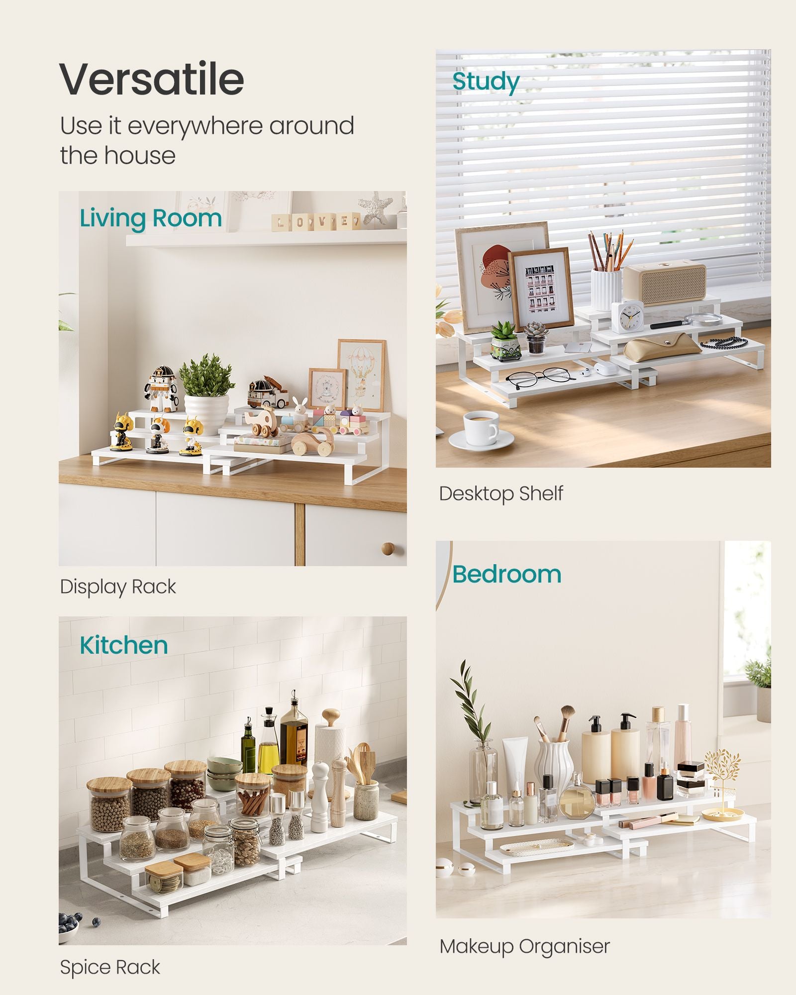 3-Tier Extendable Cabinet Shelf Organisers - Stackable Set of 2 - Engineered Wood - Snow White