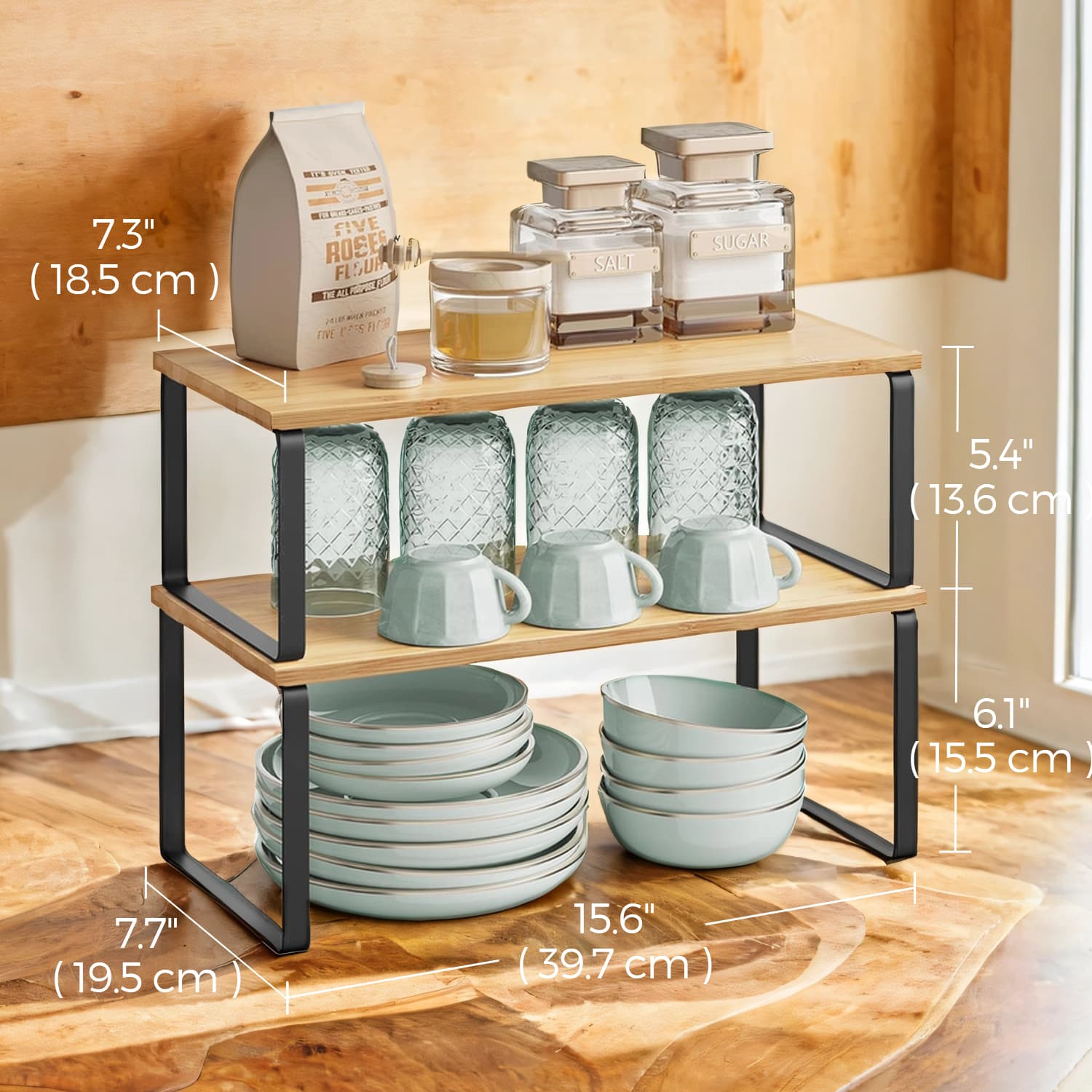 Cabinet Organizer Shelf - Stackable Set of 2 - Wood - Natural Beige