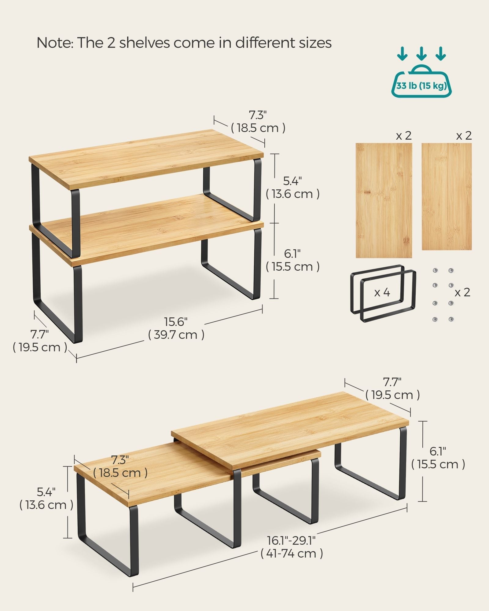 Set of 2 Cupboard Shelf Organisers - Metal - Expandable and Stackable