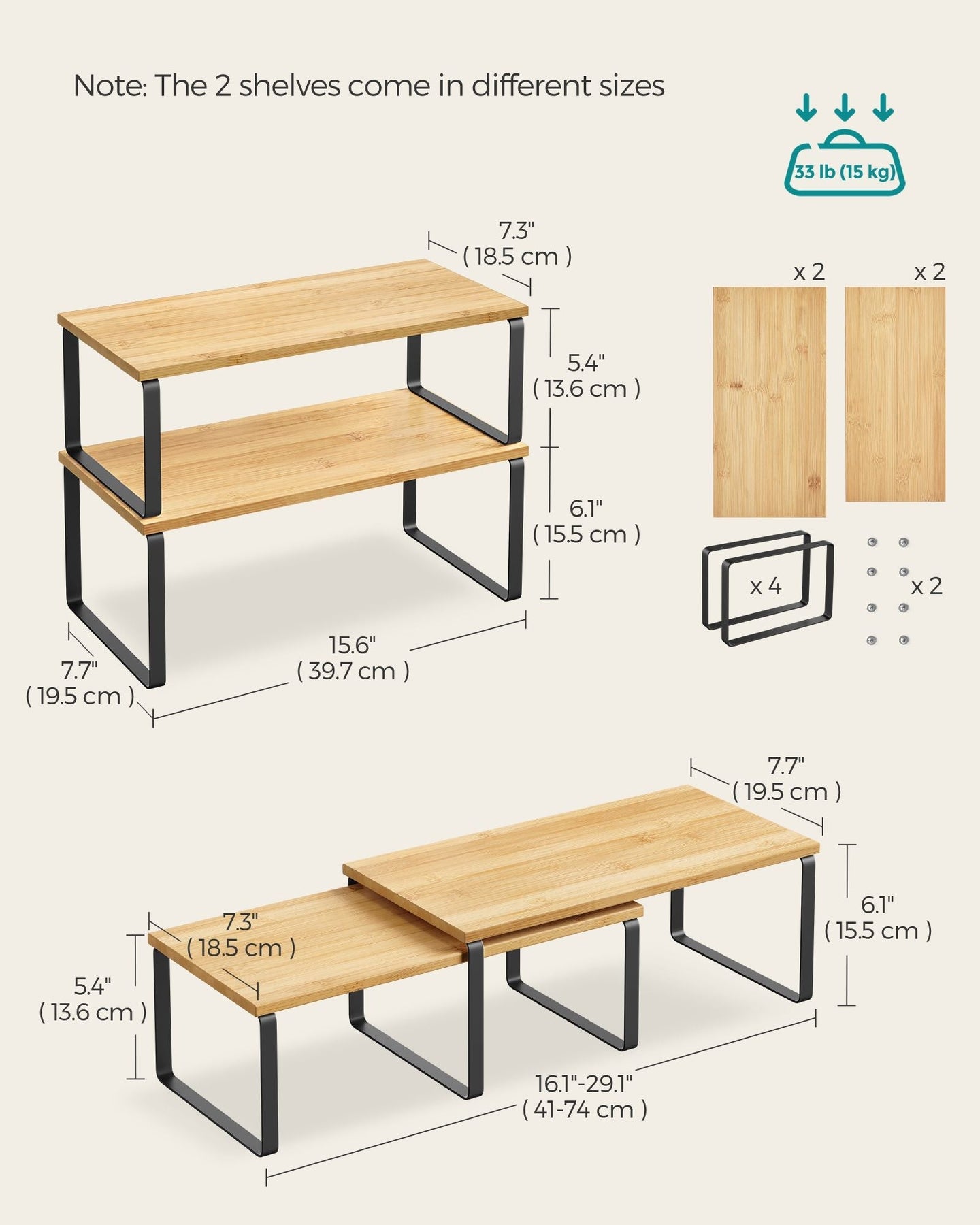 Set of 2 Cupboard Shelf Organisers - Metal - Expandable and Stackable