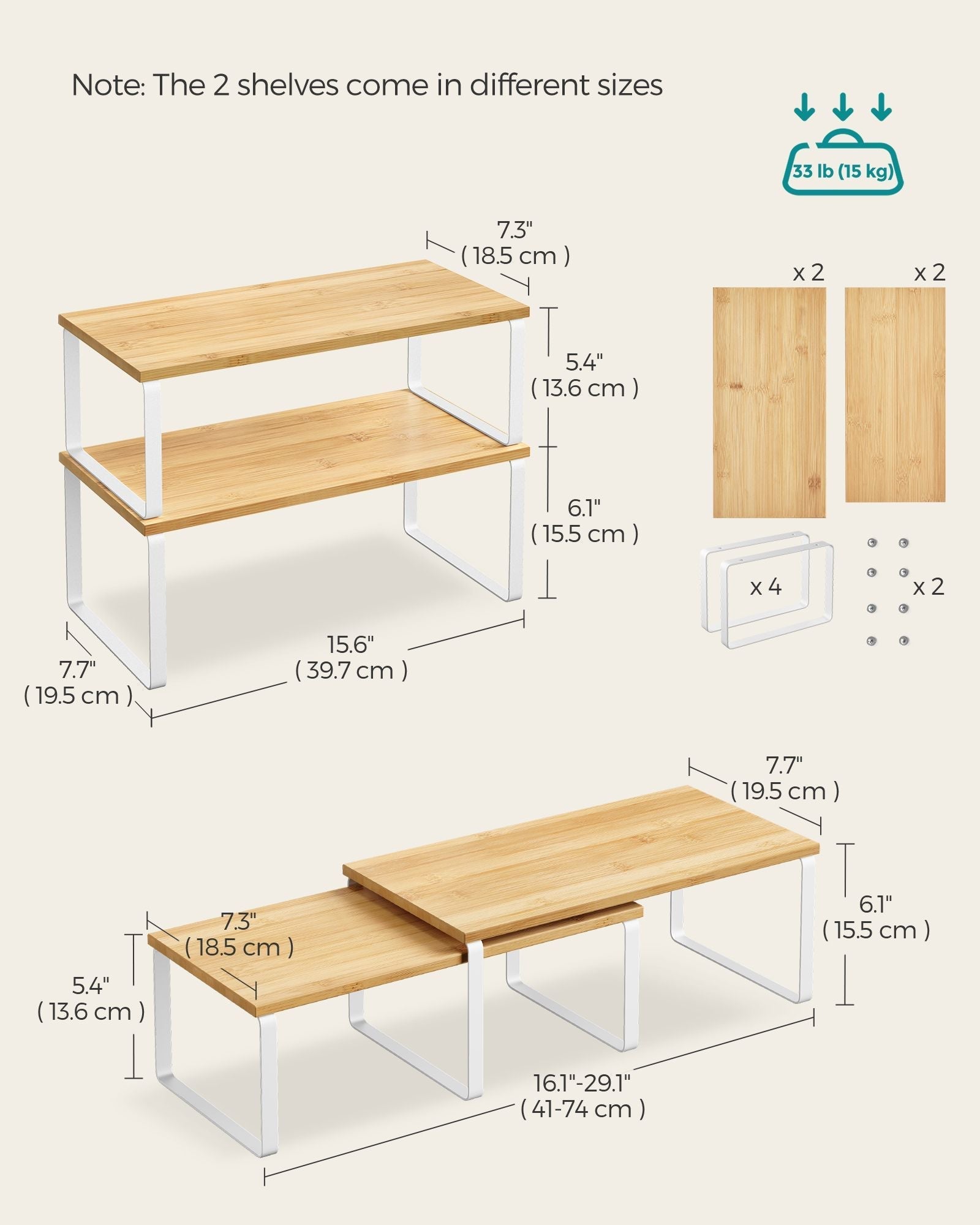Set of 2 Cupboard Shelf Organisers - Metal - Expandable and Stackable