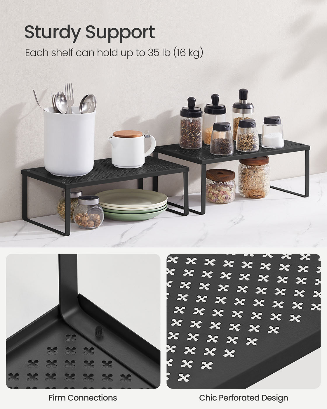 Spice Racks Set of 2 - Metal - Ink Black - Stackable and Expandable Kitchen Organisers
