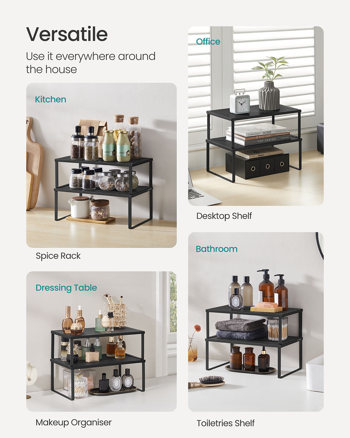 Spice Racks Set of 2 - Metal - Ink Black - Stackable and Expandable Kitchen Organisers