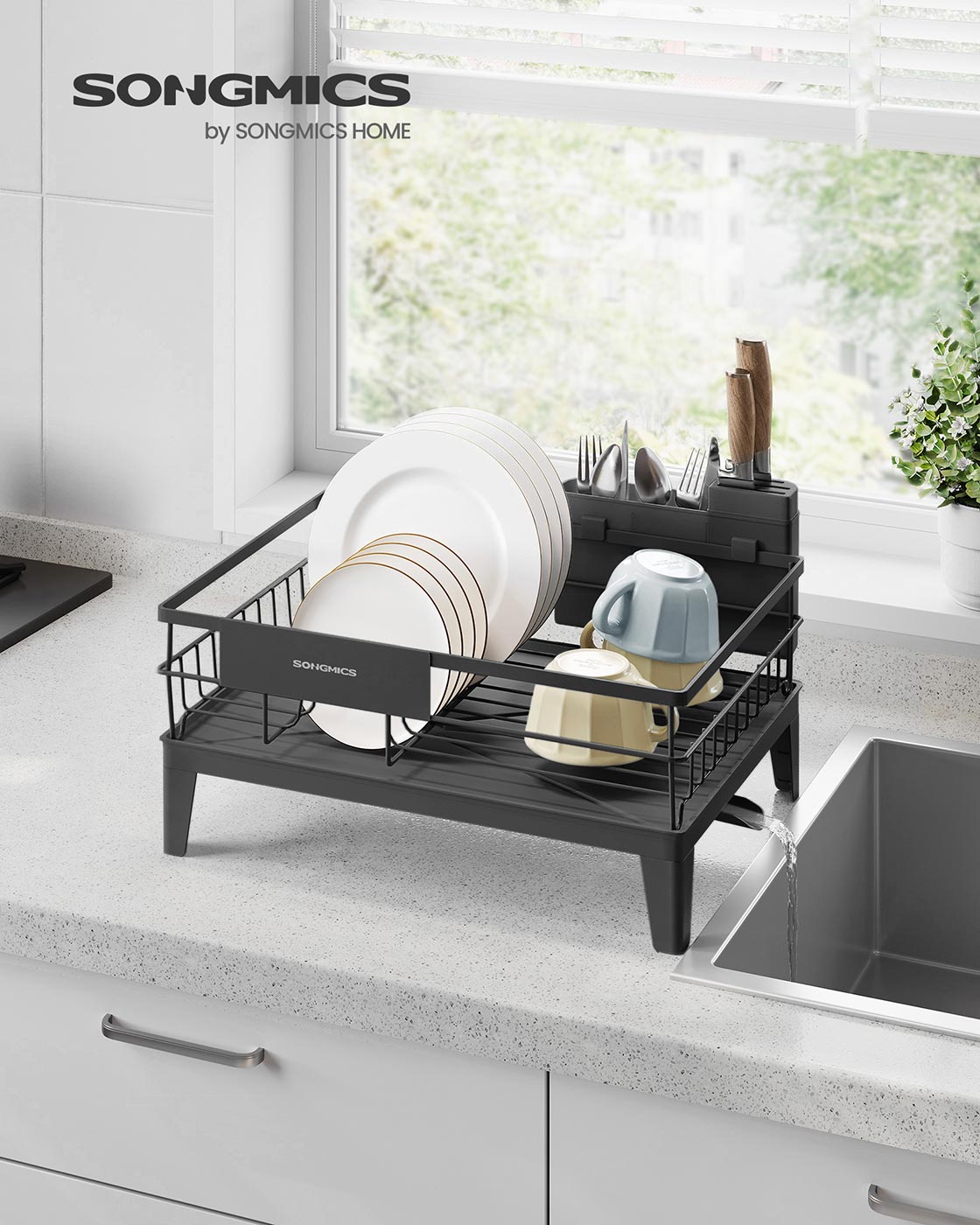 Dish Drying Rack - Metal - Ink Black - 360° Rotatable with Extendable Spout