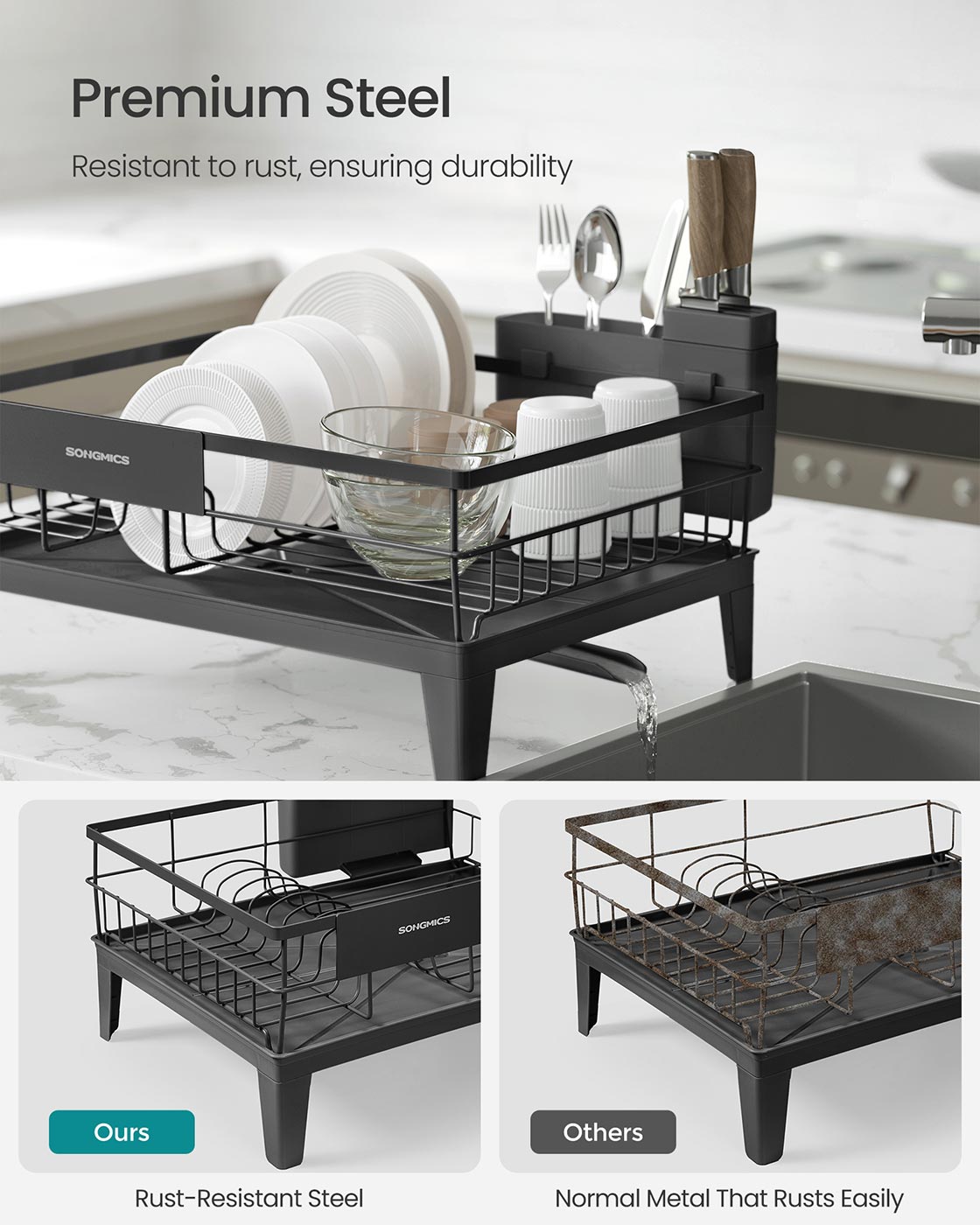 Dish Drying Rack - Metal - Ink Black - 360° Rotatable with Extendable Spout