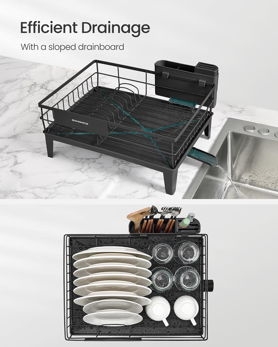 Dish Drying Rack - Metal - Ink Black - 360° Rotatable with Extendable Spout