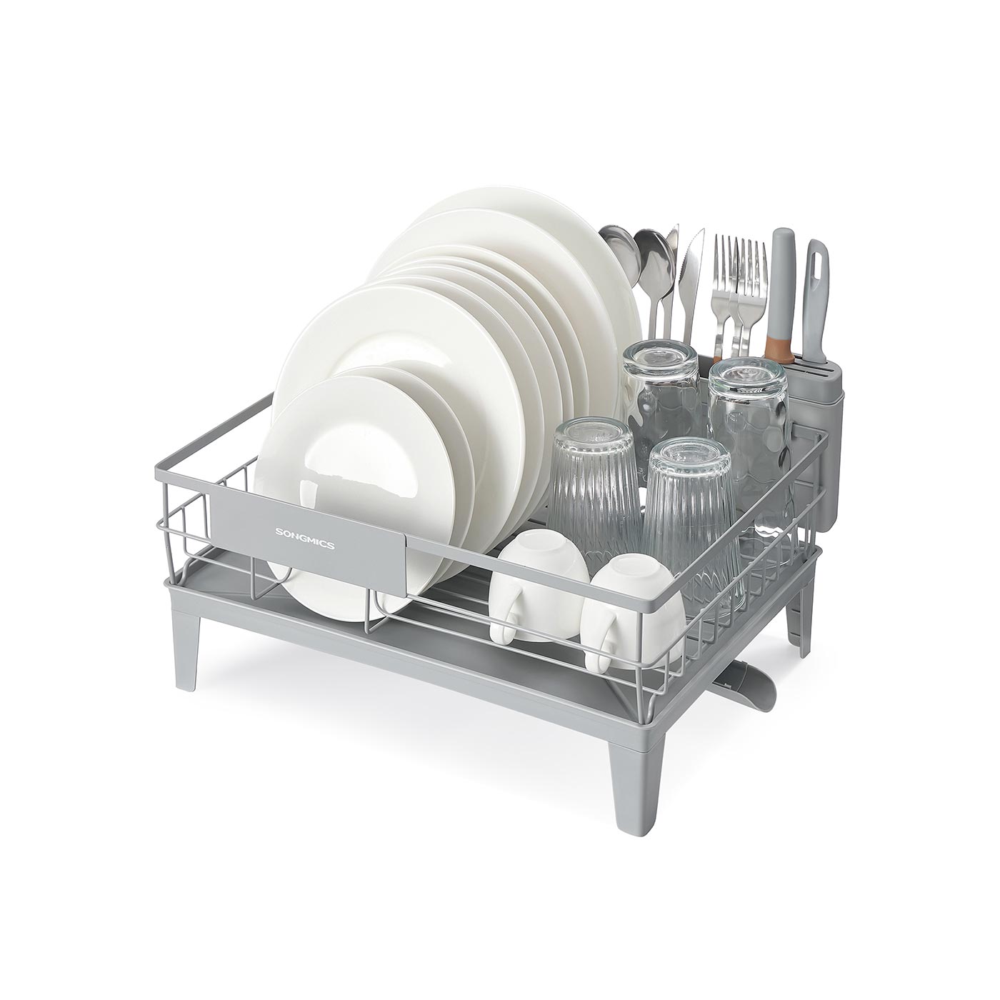 Dish Drying Rack - Metal - Dove Grey - 360° Rotatable with Extendable Spout