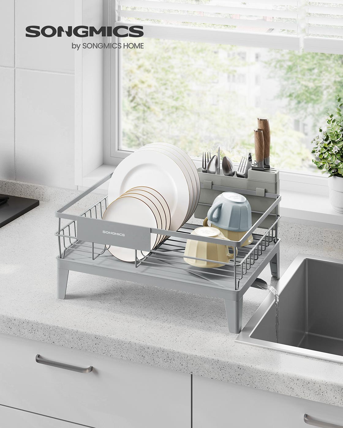 Dish Drying Rack - Metal - Dove Grey - 360° Rotatable with Extendable Spout