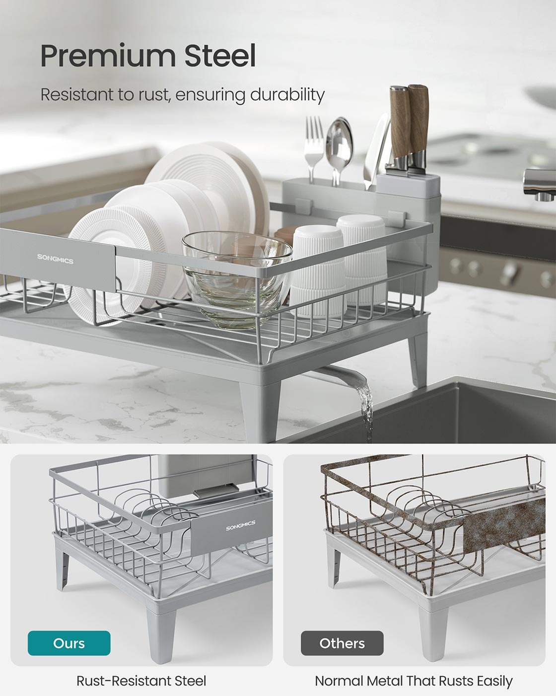 Dish Drying Rack - Metal - Dove Grey - 360° Rotatable with Extendable Spout
