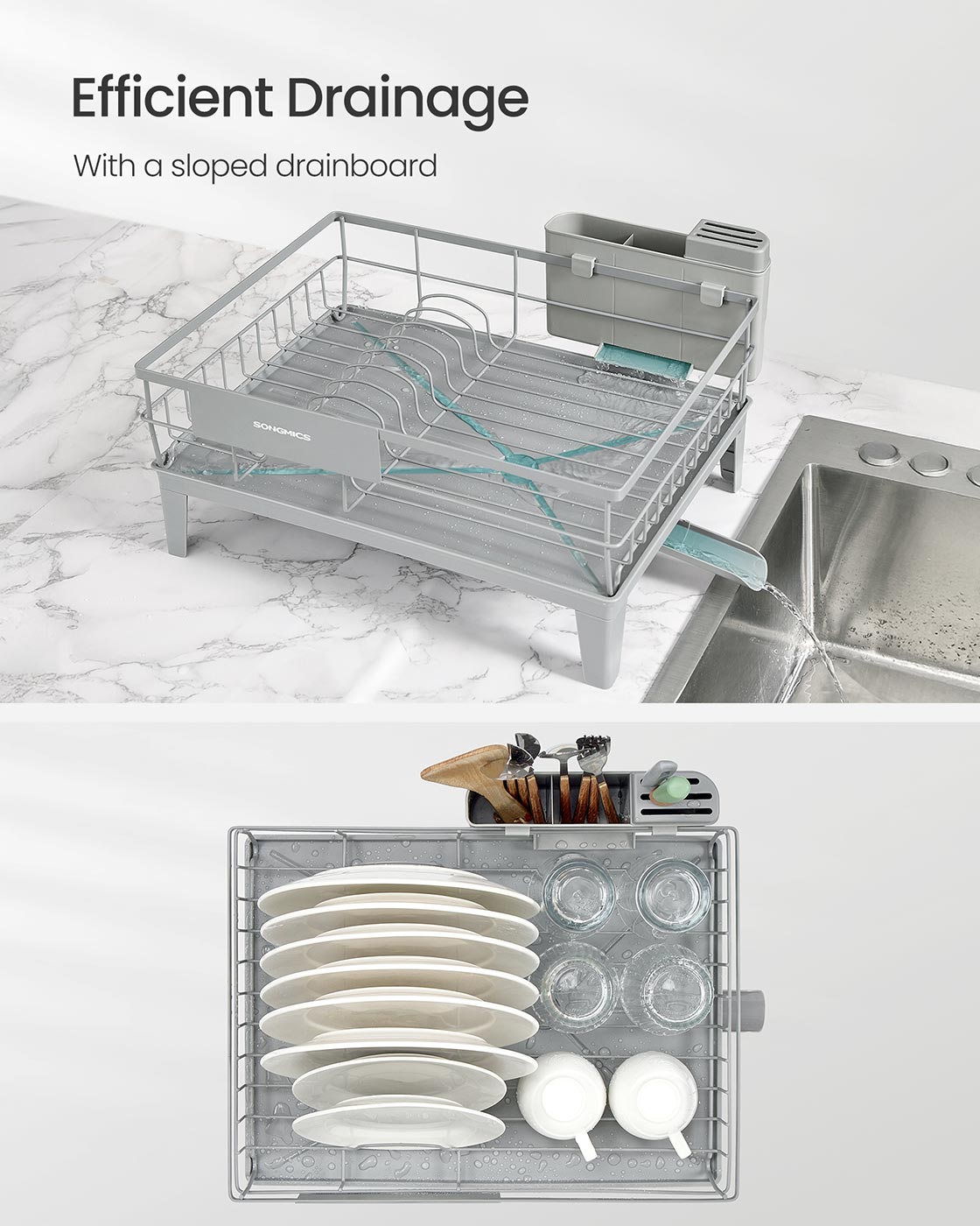Dish Drying Rack - Metal - Dove Grey - 360° Rotatable with Extendable Spout