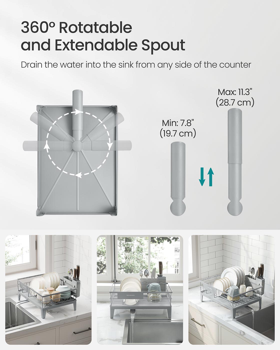 Dish Drying Rack - Metal - Dove Grey - 360° Rotatable with Extendable Spout