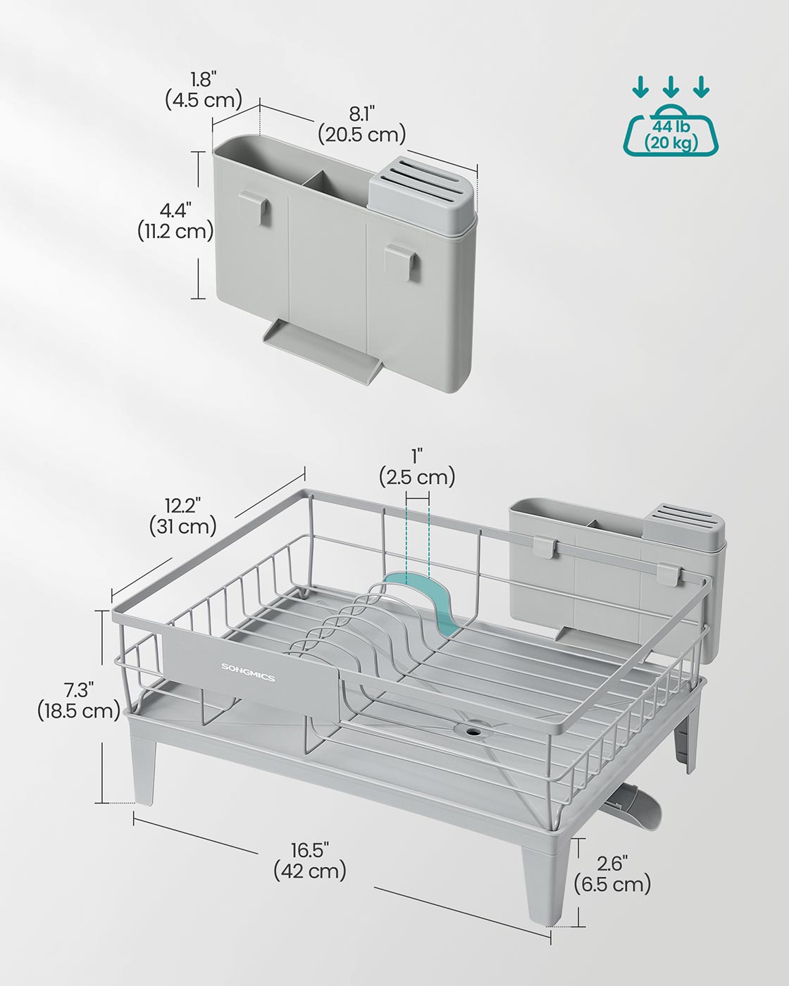 Dish Drying Rack - Metal - Dove Grey - 360° Rotatable with Extendable Spout