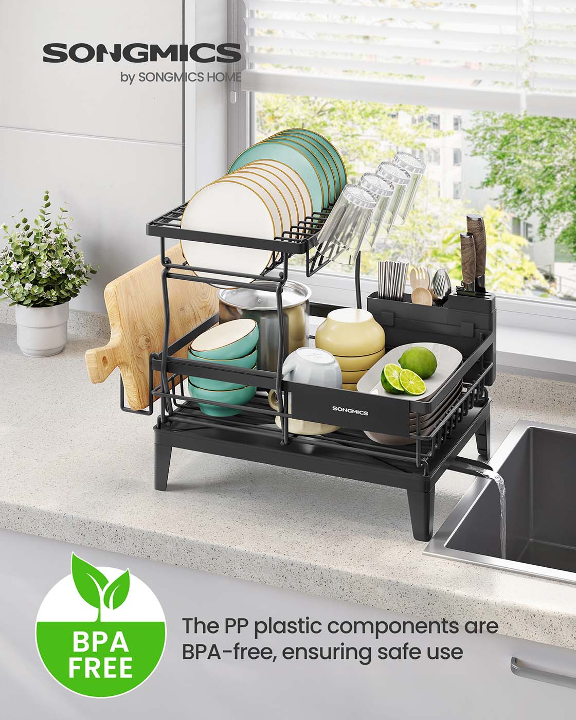 Dish Drying Rack - Metal - Ink Black - 360° Rotatable with Extendable Spout