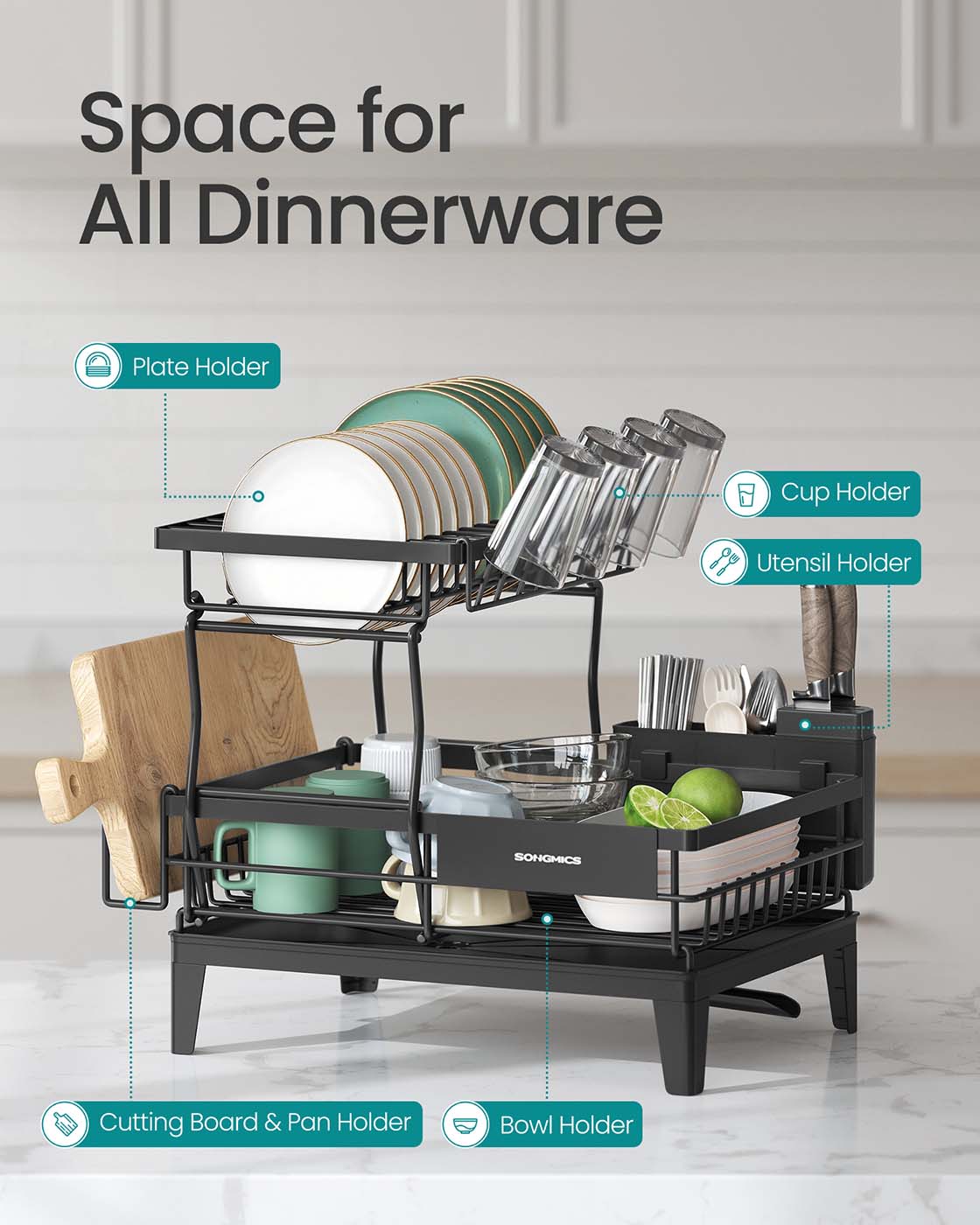 Dish Drying Rack - Metal - Ink Black - 360° Rotatable with Extendable Spout