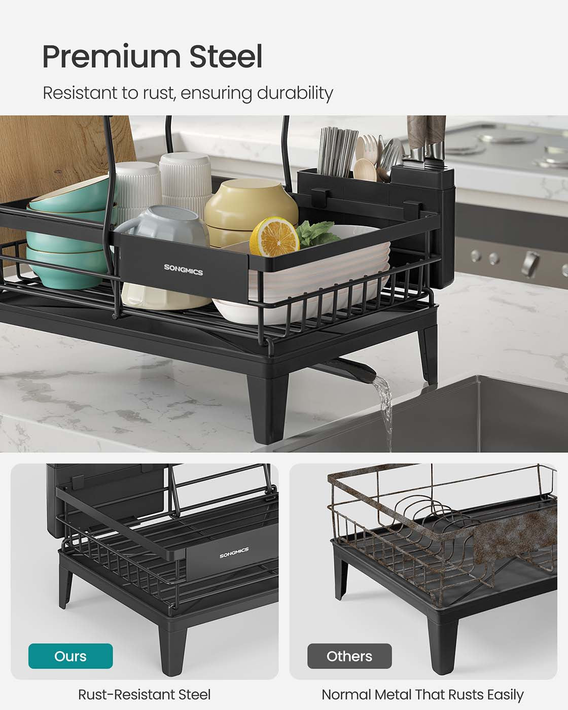Dish Drying Rack - Metal - Ink Black - 360° Rotatable with Extendable Spout