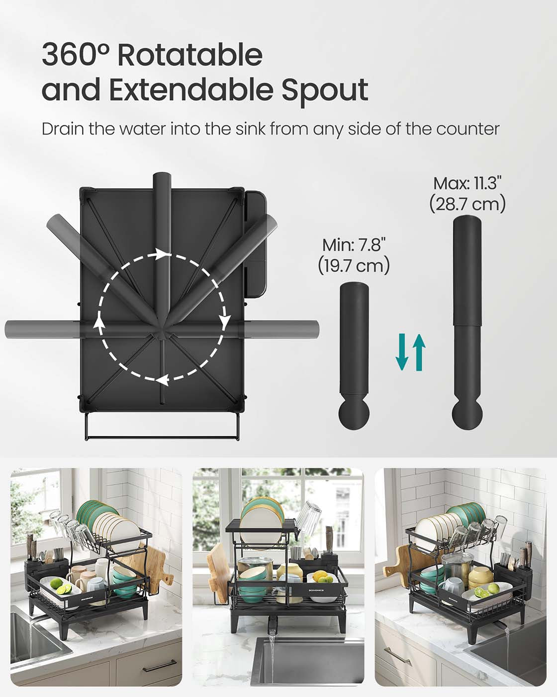 Dish Drying Rack - Metal - Ink Black - 360° Rotatable with Extendable Spout