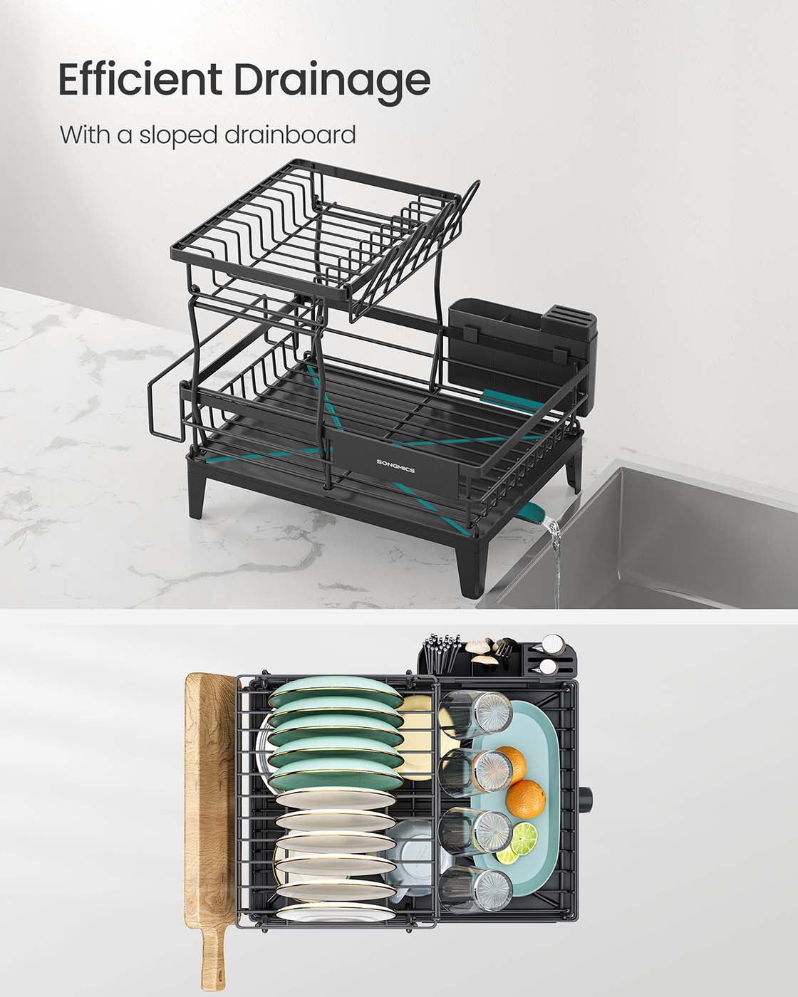 Dish Drying Rack - Metal - Ink Black - 360° Rotatable with Extendable Spout