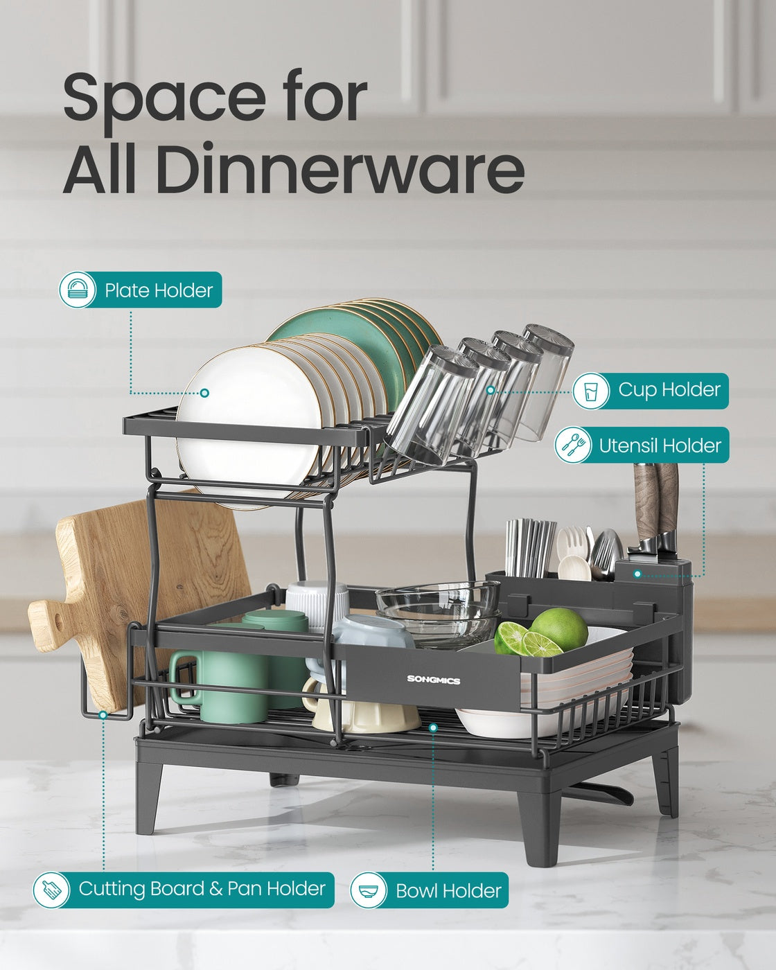 Dish Drying Rack Rotatable Extendable Spout Cutlery Holder Anthracite Grey - Steel and Plastic - Slate Grey