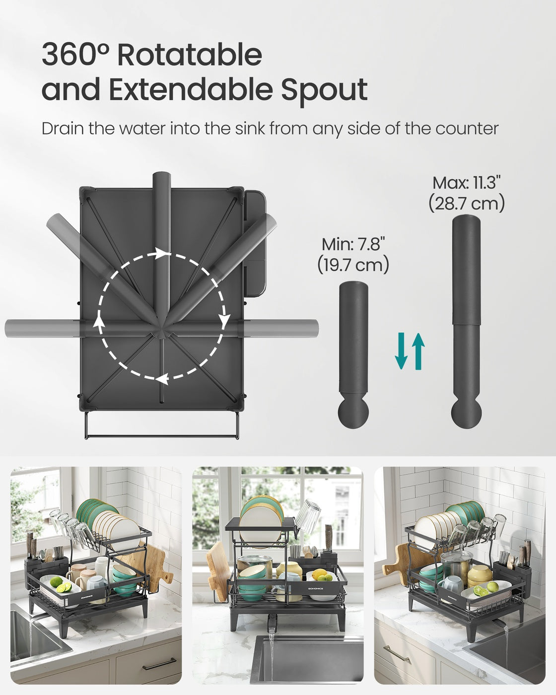 Dish Drying Rack Rotatable Extendable Spout Cutlery Holder Anthracite Grey - Steel and Plastic - Slate Grey