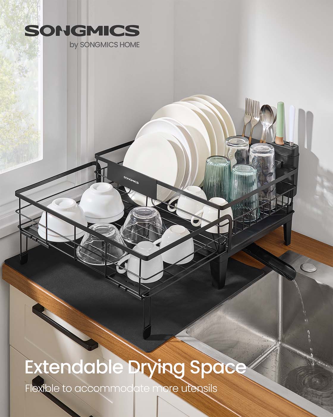 Dish Drying Rack - Steel - Ink Black - Expandable Design with Silicone Mat