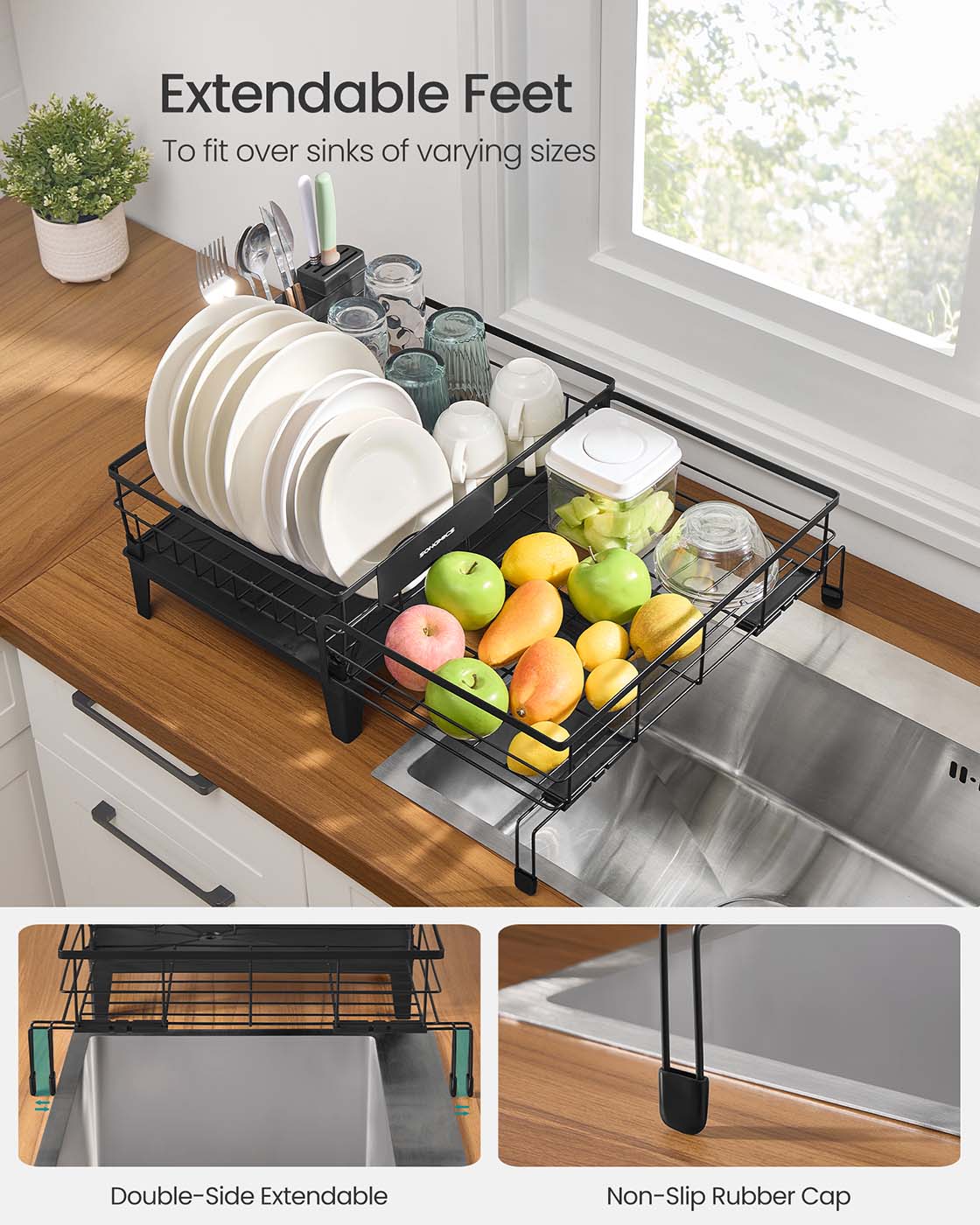 Dish Drying Rack - Steel - Ink Black - Expandable Design with Silicone Mat