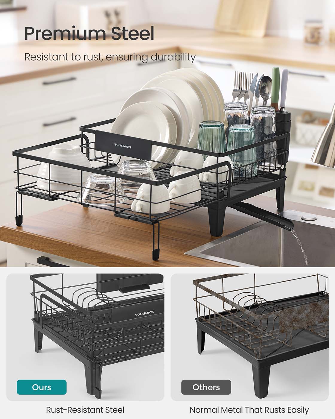 Dish Drying Rack - Steel - Ink Black - Expandable Design with Silicone Mat