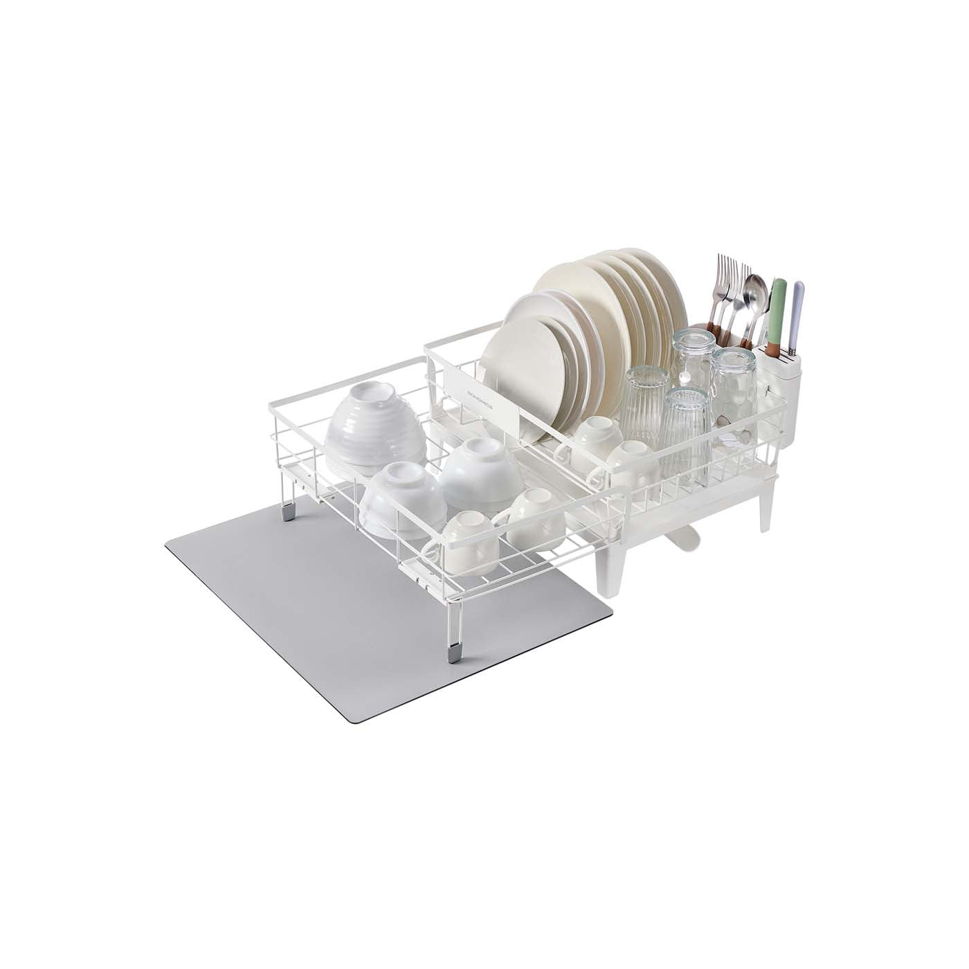 Dish Drying Rack - Steel - Matte White - Expandable Design with Water-Absorbent Silicone Mat