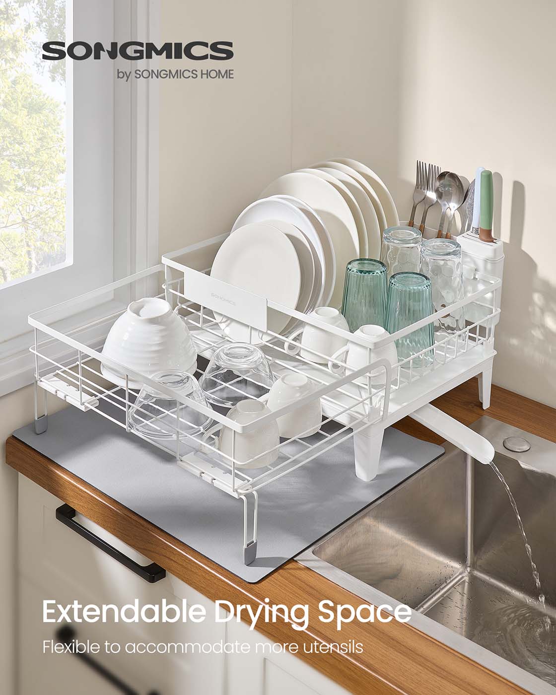 Dish Drying Rack - Steel - Matte White - Expandable Design with Water-Absorbent Silicone Mat